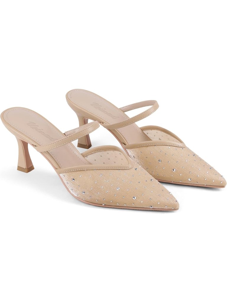 Women's Nude Closed Pointed Toe High Heel Slip On Dressy Mesh Mule Sandals